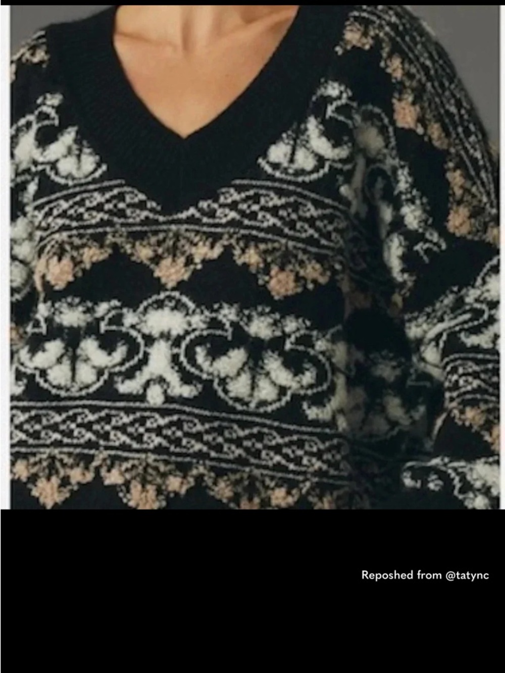 Anthropologie Black and Cream V-Neck Patterned Sweater